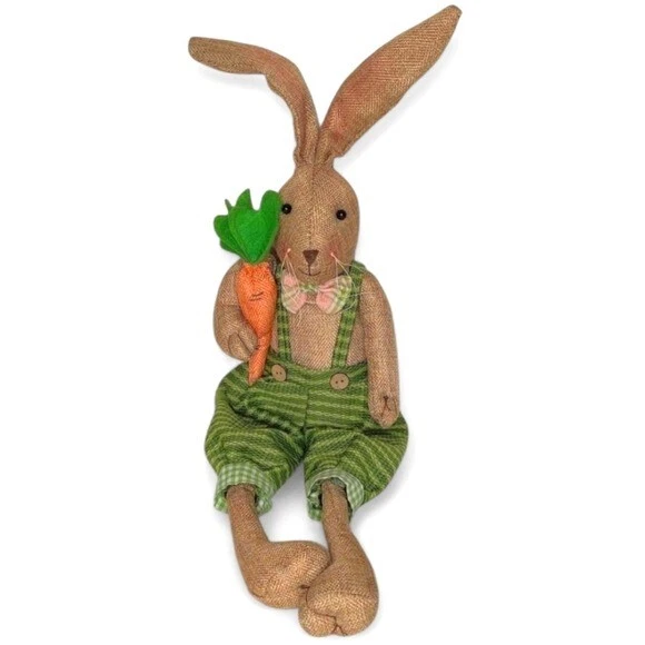 Begonia Market Burlap Fabric Easter Bunny in Green Overalls Holding Carrot - Image 1 of 4