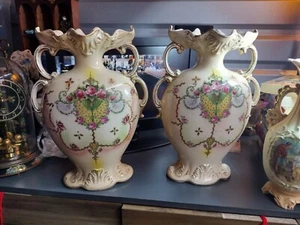 Paar antike Krone Made in England verzierte Vasen mit Griff 13" Rosen R.526518 - Bild 1 von 10