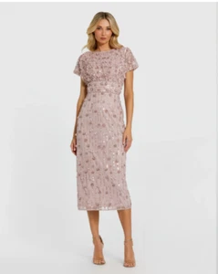 MAC DUGGAL 94117 FLORAL BEADING CAP SLEEVE MIDI SHEATH  VINTAGE LILAC DRESS  12 - Picture 1 of 5