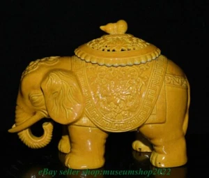 7.6" Qianlong Marked Chinese Yellow Glaze Porcelain Elephant Pot Statue - Picture 1 of 9