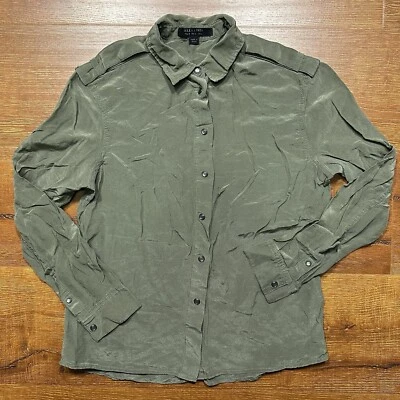 AllSaints Button Up Blouse 4 Olive Silk Blend Shirt Pearl Snap Military City Alt - Image 1 of 4