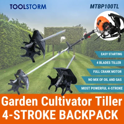 4-STROKE Backpack Cultivator Tiller Petrol Rotary Hoe Garden 4 Tine Rototiller - image 1 of 4