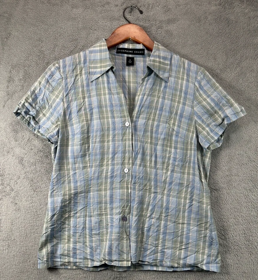 Mujeres Prendas para el torso 8 Camisa de Campamento 100% Seda Azul Botón a Cuadros Josephine CHAUS Manga Corta Foto 1 de 4