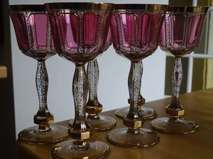 SEIS VASOS BOHEMIOS GRANDES DE VINO O AGUA CRISTAL CABUJÓN SUPERPOSICIÓN AMATISTA ORO - Imagen 1 de 13