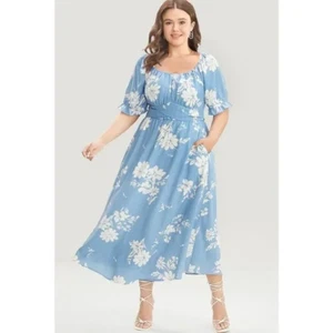NWT Bloomchic Blue & White Floral Banded Waist Tie Back Dress Size 1X (14-16) - Picture 1 of 10