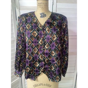 Vintage Notations 80s Button Front Long Sleeve Blouse Top Shirt Women Sz 12 - Picture 1 of 7