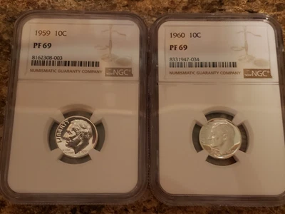 Lot of 2 - 1959 and 1960 Roosevelt Dime 10C NGC PF 69 - Image 1 of 4