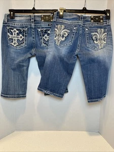 Miss Me Girls Youth Bermuda Shorts Size 16 Lot Of 2 Cross & Fleur De Lis Bling - Picture 1 of 15