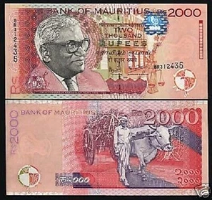 Mauritius 25 50 100 200 500 1000 2000 RUPEE P-49 50 51 52 53 54 55 1999 UNC NOTE - Picture 1 of 8