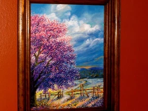 ORIGINAL Bluebonnet Landschaft Zaun Vögel Sturm Himmel blühender Baum Ölgemälde - Bild 1 von 12