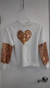 DKNY Girls' White Hoodie With Gold Sequins Heart and Sleeve Band Size L - Picture 1 of 3