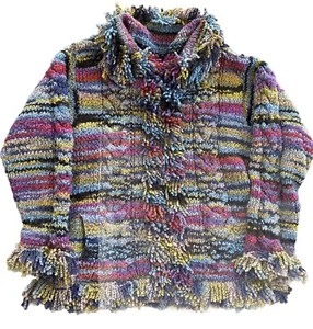 Vintage Amano bunte Fransenbesatz Wolle Strick Staubmantel Cardigan Damengröße Medium selten - Bild 1 von 5