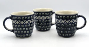 BOLESLAWIEC POLAND HANDMADE POTTERY MUGS - SET OF 3 (Blue & Green Pattern) - Picture 1 of 3
