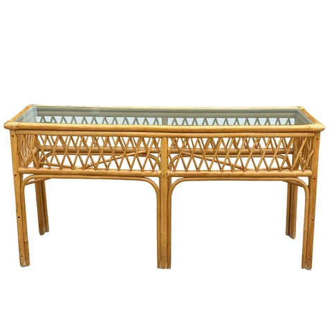 Vintage Boho Rattan Bamboo Glass Top Console Hall Table Cover