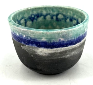 Studio Art Pottery Bowl Raku Handcrafted Small 3" Tall Blue Turquoise Glaze 416 - Bild 1 von 5