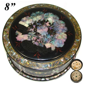 RARE Antique Russian Marked Papier Mache 8" Round Box, Casket, Painted, MO Pearl - Picture 1 of 9