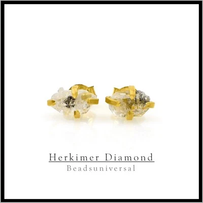 Aretes de plata de ley enchapados en oro con diamantes Herkimer ásperos naturales de 5x7 mm Foto 1 de 4