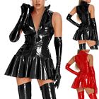 Women Glossy Wet Look Leather Zip-up Front Flared Skater Bodycon Dress Clubwear