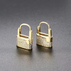 2Ct Round Cut Lab-Created Diamond Lock Love Heart Hoop 14k Yellow Gold Plated - Picture 1 of 3