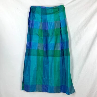 Vintage 1960s Raw Silk Maxi Skirt M/L Blue Green Plaid Preppy Aline Excellent - Image 1 of 4
