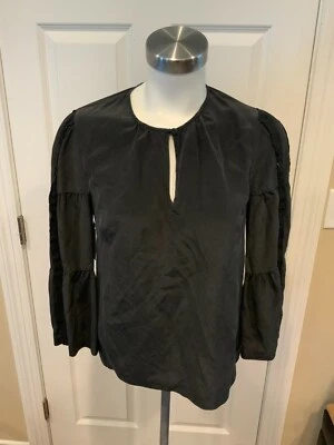J Crew Black top w/ Keyhole Button Front and Ruffle Sleeves, Size 2 - Image 1 of 4
