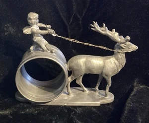 EXCEPTIONAL ANTIQUE VICTORIAN SILVERPLATE NAPKIN RING DEER PULLING CUPID ON SLED - Picture 1 of 5