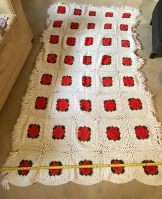 Vintage Crochet 3-D Red Rose  Afghan Fringed Twin Size Throw Blanket 56 x 88 - Image 1 of 4