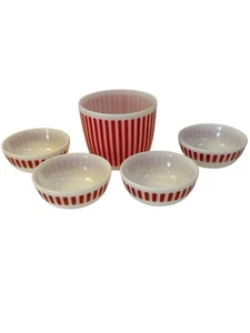 Red White Candy Stripe Hazel Atlas White Milk Glass Ice Bucket & 4 Cereal Bowls - Picture 1 of 7