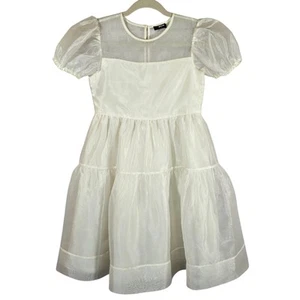 R Crewcuts Girls Ivory Tiered Puff Sleeve Organza Dress Size 10 Flower Girl Cute - Picture 1 of 10
