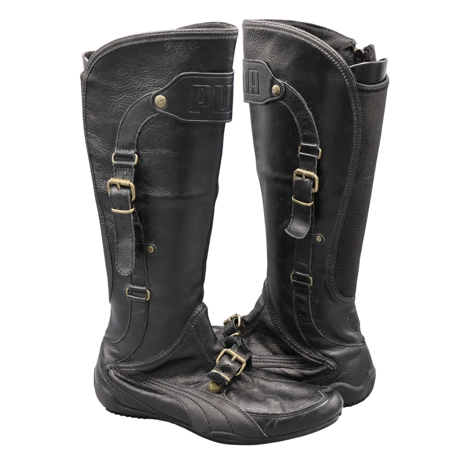 Botas femininas Y2K Puma Berlin 5.5 pretas vintage boxe equitação joelho alto motociclista - Imagem 1 de 4