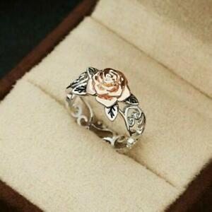 Vintage Silver Leaf Rose Flower Rings Women Party Jewelry Wife Mom Gift Size6-10