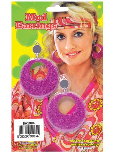 BRISTOL NOVELTY'S Groovy 60s 70s Sparkly Pink Glitter Clip On Mod Earrings Fancy Dress Accessory