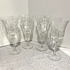 Vintage Mid Century Etched Clear Crystal Wine Glasses Water Goblets Set of 4 - Picture 1 of 12