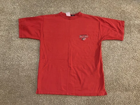Vintage Carolina Hurricanes NHL Edge Hockey Embroidered Red Shirt Size Adult L Cover