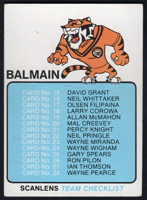 1981 NRL NSWRL SCANLENS RUGBY LEAGUE CARD - UNMARKED CHECKLIST [BALMAIN TIGERS] - image 1 of 2