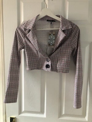 Cropped Check Blazer Short Jacket Berry UK 8 Boohoo New with Tags Red Black - Image 1 of 3