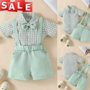 2PCS Newborn Infant Baby Boy Clothes Outfits Checked Top Romper Overalls Set - Picture 1 of 11