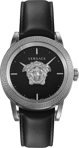 Versace VERD01220 Palazzo Empire argento nero pelle orologio da polso uomo NUOVO