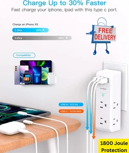 6 Outlet Surge Protector (1800J) with 180° Rotating Plug & 3 USB Ports (1 USB-C) - Picture 1 of 8