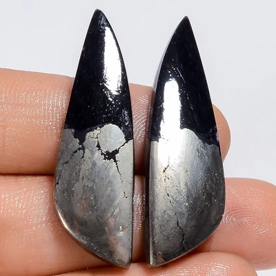 Genuine Apache Gold Pyrite Fancy Cabochon Loose Gemstone Pair 45 Ct. 38X11X3 mm - Image 1 of 2