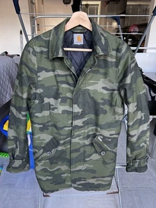Mens Carhartt Wip Green Camouflage Harris Trench Coat Jacket Padded Size XS - Picture 1 of 11