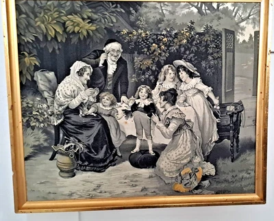 ANCIEN TABLEAU TISSE RUBAN DE SOIE NEYRET FRERES ST ETIENNE SCENE FAMILIALE - Photo 1/4