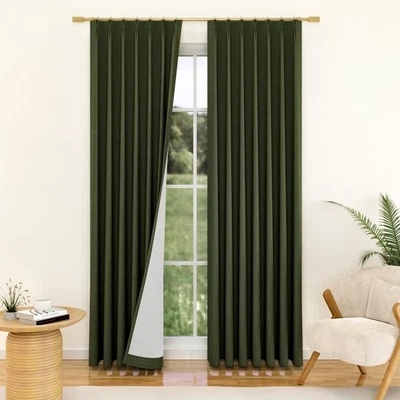 Olive Linen 100% Blackout Pinch Pleated Curtains 108 Inches Long 2 Pages for ... - Image 1 of 4