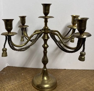 Vintage 12,5" hoch Messing 4 Arm Kandelaber 5 Kerzen geflochtenes Seil Viktorianisch Goth - Bild 1 von 10