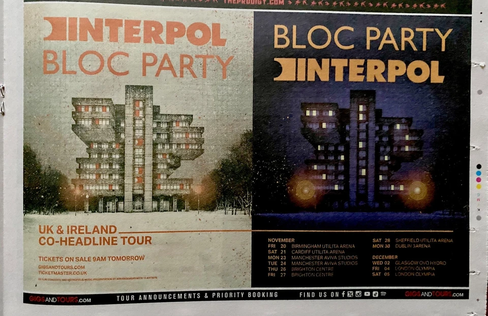 Bloc Party Live Interpol 2026 Tour Dates UK Newspaper Advert Clipping 10x7” - Image 1 of 1