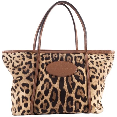 Auth Dolce & Gabbana Tote Bag Leopard Print Canvas Brown D&G Reuse Used - Image 1 of 4