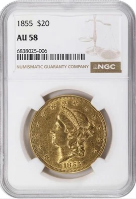 Águila doble Liberty Gold 1855 $20 NGC AU 58 Foto 1 de 4