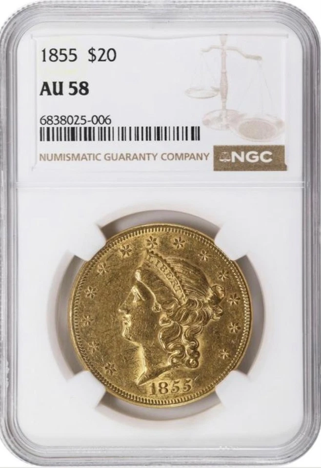 1855 $20 Liberty Gold Double Eagle NGC AU 58 - Imagem 1 de 4