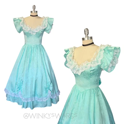 Gunne Sax Vintage 80s Princess Midi Dress Size S Fit & Flare Blue Satin Lace - Image 1 of 4