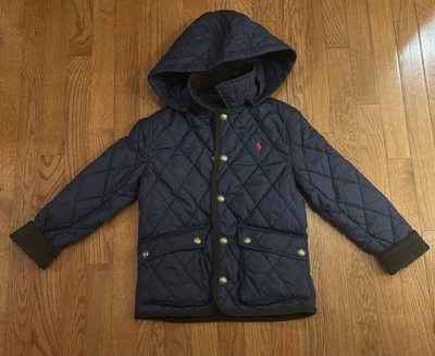 Polo Ralph Lauren Boys Navy Quilted Hooded Barn Snap Button Jacket S (8) NWT - Image 1 of 4
